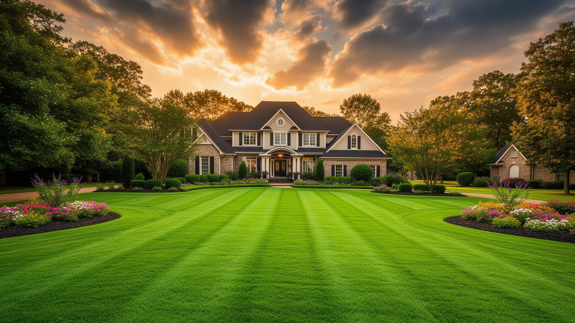 Beautifully manicured Memphis lawn at golden hour
